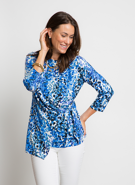 ADJUSTABLE FAUX WRAP TOP IN BLUE WATERCOLOR